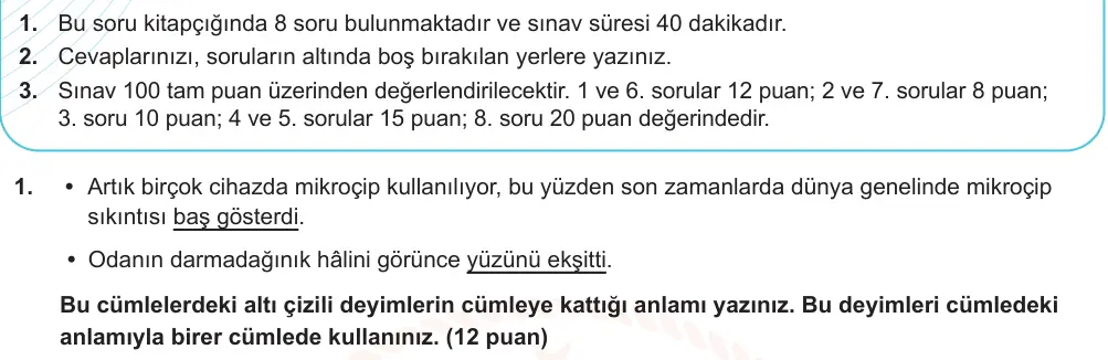 7. Sınıf Türkçe 2025-2026 1. Dönem 1. Yazılı Ortak Sınav 1. Soru (Öğle Oturumu, Mazeret Sınavı) görseli