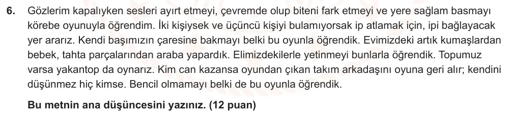 7. Sınıf Türkçe 2025-2026 1. Dönem 1. Yazılı Ortak Sınav 6. Soru (Öğle Oturumu, Mazeret Sınavı) görseli