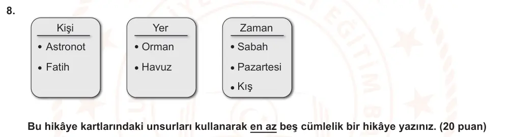 7. Sınıf Türkçe 2025-2026 1. Dönem 1. Yazılı Ortak Sınav 8. Soru (Öğle Oturumu, Mazeret Sınavı) görseli
