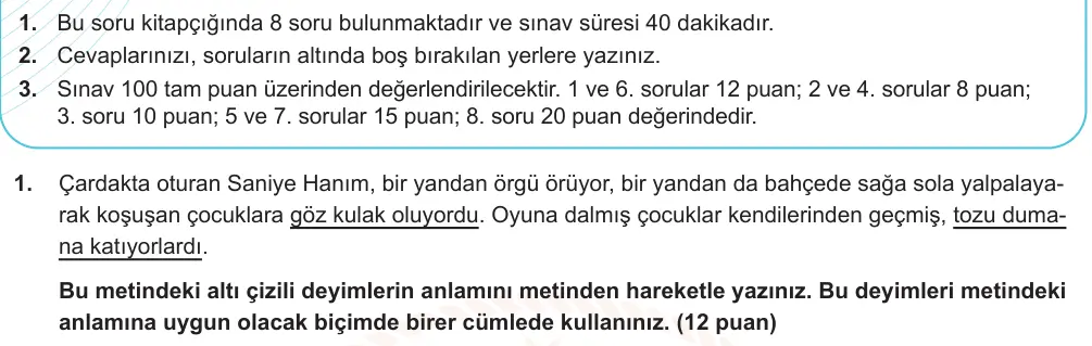 7. Sınıf Türkçe 2025-2026 1. Dönem 1. Yazılı Ortak Sınav 1. Soru (Öğle Oturumu) görseli