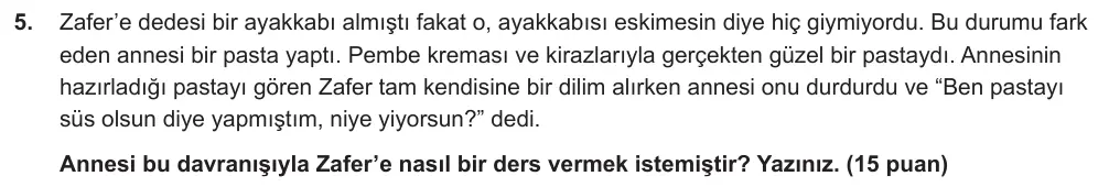7. Sınıf Türkçe 2025-2026 1. Dönem 1. Yazılı Ortak Sınav 5. Soru (Öğle Oturumu) görseli