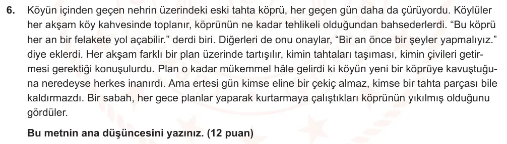 7. Sınıf Türkçe 2025-2026 1. Dönem 1. Yazılı Ortak Sınav 6. Soru (Öğle Oturumu) görseli