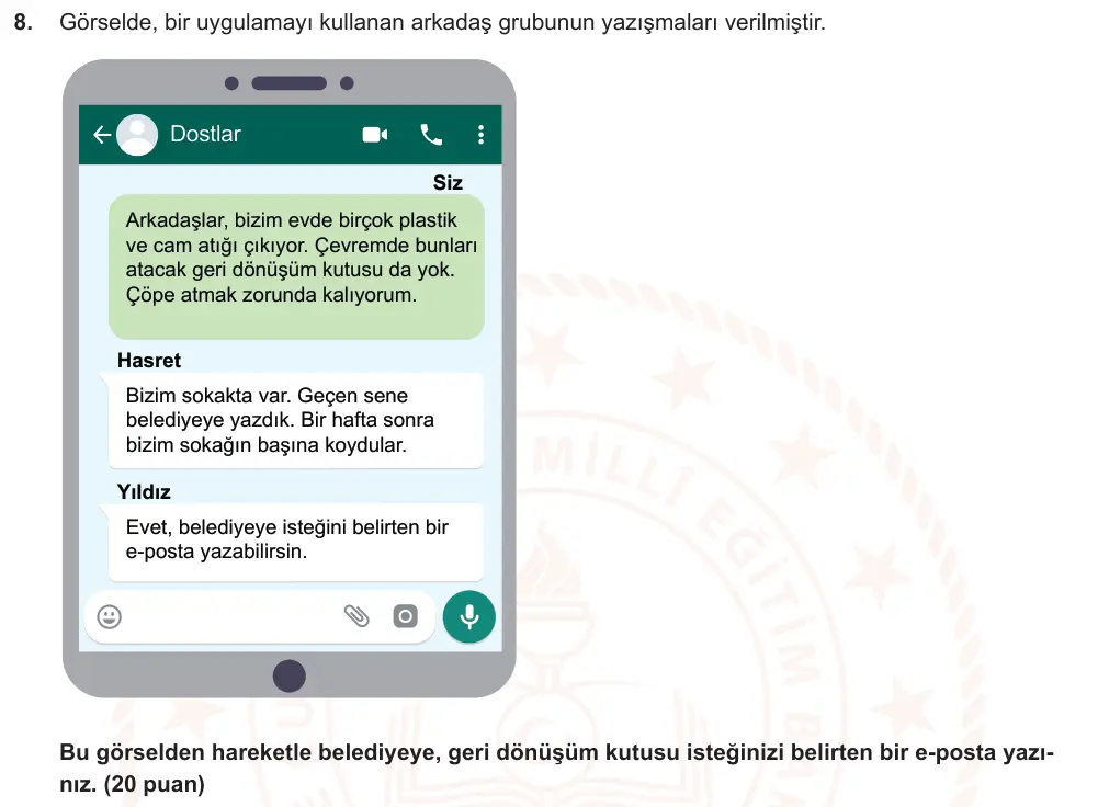 7. Sınıf Türkçe 2025-2026 1. Dönem 1. Yazılı Ortak Sınav 8. Soru (Öğle Oturumu) görseli