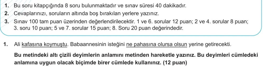 7. Sınıf Türkçe 2025-2026 1. Dönem 1. Yazılı Ortak Sınav 1. Soru (Sabah Oturumu, Mazeret Sınavı) görseli
