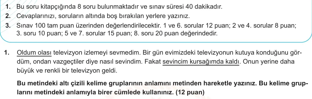 7. Sınıf Türkçe 2025-2026 1. Dönem 1. Yazılı Ortak Sınav 1. Soru (Sabah Oturumu) görseli