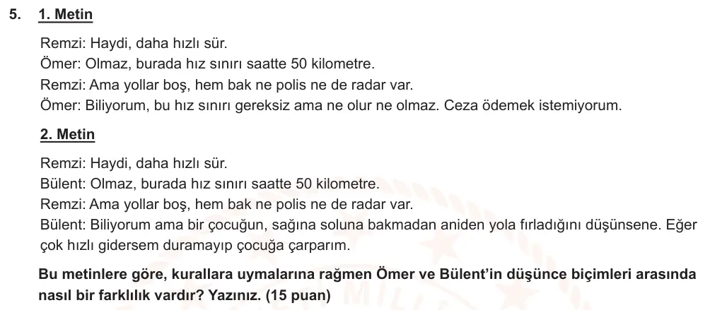 7. Sınıf Türkçe 2025-2026 1. Dönem 1. Yazılı Ortak Sınav 5. Soru (Sabah Oturumu) görseli