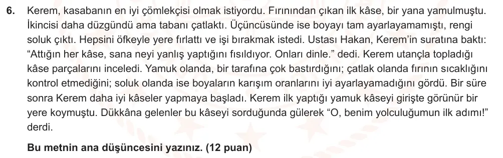 7. Sınıf Türkçe 2025-2026 1. Dönem 1. Yazılı Ortak Sınav 6. Soru (Sabah Oturumu) görseli
