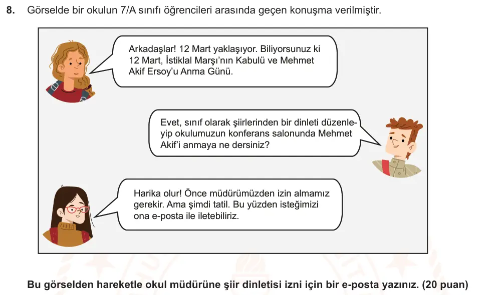 7. Sınıf Türkçe 2025-2026 1. Dönem 1. Yazılı Ortak Sınav 8. Soru (Sabah Oturumu) görseli