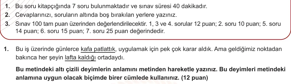 8. Sınıf Türkçe 2025-2026 1. Dönem 1. Yazılı Ortak Sınav 1. Soru (Öğle Oturumu, Mazeret Sınavı) görseli