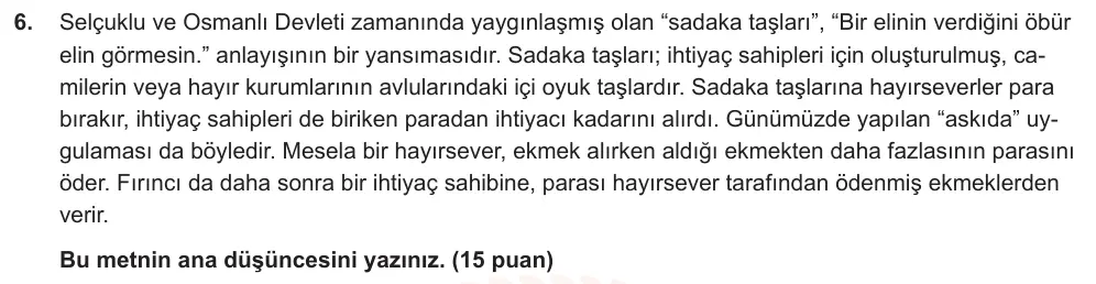 8. Sınıf Türkçe 2025-2026 1. Dönem 1. Yazılı Ortak Sınav 6. Soru (Öğle Oturumu, Mazeret Sınavı) görseli