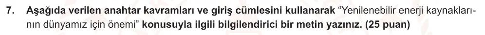 8. Sınıf Türkçe 2025-2026 1. Dönem 1. Yazılı Ortak Sınav 7. Soru (Öğle Oturumu, Mazeret Sınavı) görseli