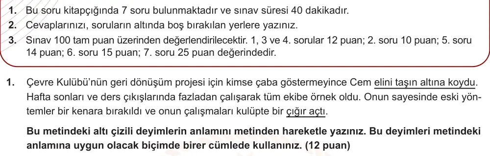 8. Sınıf Türkçe 2025-2026 1. Dönem 1. Yazılı Ortak Sınav 1. Soru (Öğle Oturumu, MEB ders kitabı) görseli