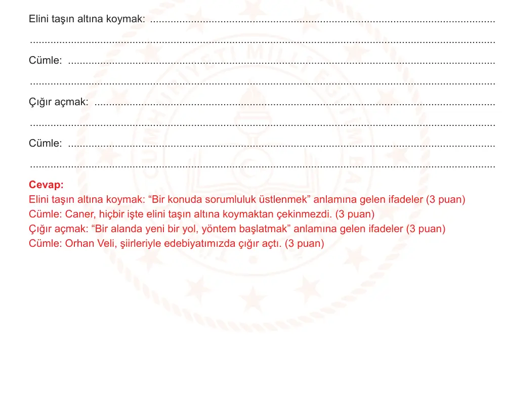 8. Sınıf Türkçe 2025-2026 1. Dönem 1. Yazılı Ortak Sınav 1. Soru (Öğle Oturumu, MEB ders kitabı) resmi çözüm görseli