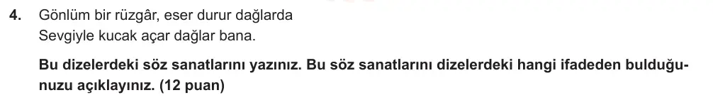 8. Sınıf Türkçe 2025-2026 1. Dönem 1. Yazılı Ortak Sınav 4. Soru (Öğle Oturumu, MEB ders kitabı) görseli