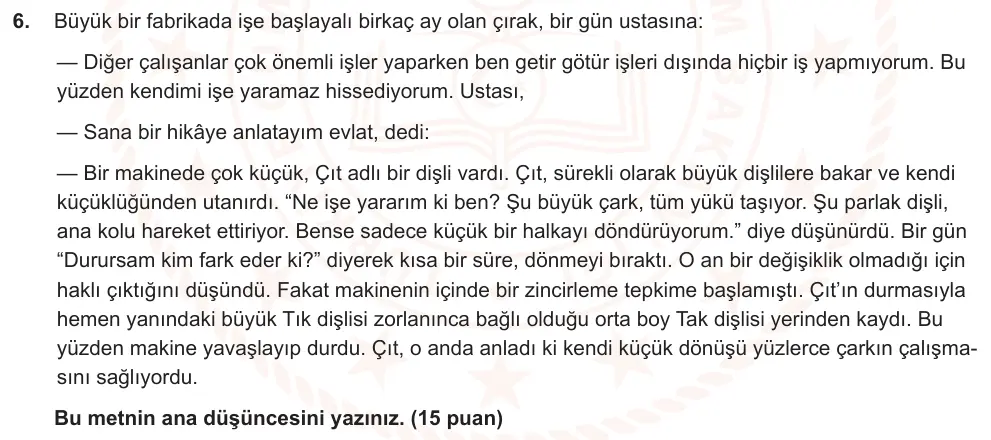 8. Sınıf Türkçe 2025-2026 1. Dönem 1. Yazılı Ortak Sınav 6. Soru (Öğle Oturumu, MEB ders kitabı) görseli