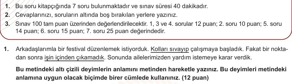 8. Sınıf Türkçe 2025-2026 1. Dönem 1. Yazılı Ortak Sınav 1. Soru (Sabah Oturumu, Mazeret Sınavı) görseli
