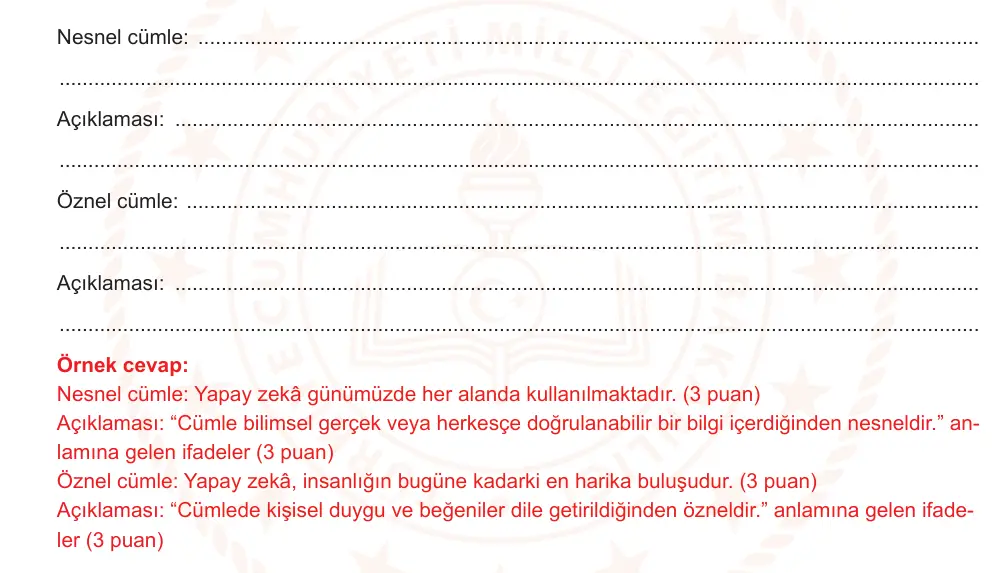 8. Sınıf Türkçe 2025-2026 1. Dönem 1. Yazılı Ortak Sınav 3. Soru (Sabah Oturumu, Mazeret Sınavı) resmi çözüm görseli