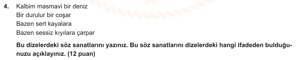 8. Sınıf Türkçe 2025-2026 1. Dönem 1. Yazılı Ortak Sınav 4. Soru (Sabah Oturumu, Mazeret Sınavı) görseli