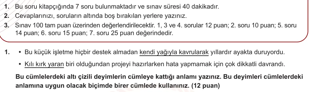 8. Sınıf Türkçe 2025-2026 1. Dönem 1. Yazılı Ortak Sınav 1. Soru (Sabah Oturumu, MEB ders kitabı) görseli