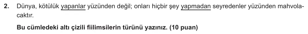 8. Sınıf Türkçe 2025-2026 1. Dönem 1. Yazılı Ortak Sınav 2. Soru (Sabah Oturumu, MEB ders kitabı) görseli