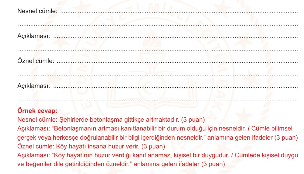 8. Sınıf Türkçe 2025-2026 1. Dönem 1. Yazılı Ortak Sınav 3. Soru (Sabah Oturumu, MEB ders kitabı) resmi çözüm görseli