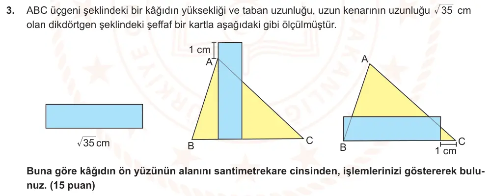 9. Sınıf Matematik 2025-2026 1. Dönem 1. Yazılı Ortak Sınav 3. Soru (Öğle Oturumu, Mazeret Sınavı) görseli