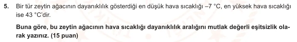9. Sınıf Matematik 2025-2026 1. Dönem 1. Yazılı Ortak Sınav 5. Soru (Öğle Oturumu, Mazeret Sınavı) görseli