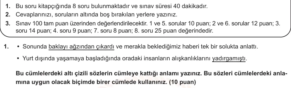 10. Sınıf Türk Dili ve Edebiyatı 2025-2026 2. Dönem 1. Yazılı Ortak Sınav 1. Soru (Öğle Oturumu) görseli