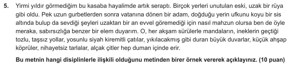 10. Sınıf Türk Dili ve Edebiyatı 2025-2026 2. Dönem 1. Yazılı Ortak Sınav 5. Soru (Öğle Oturumu) görseli