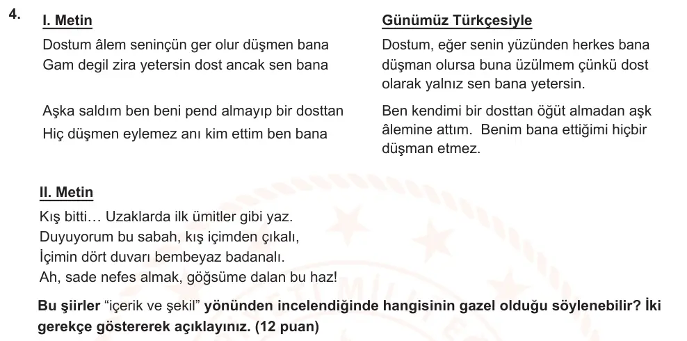 10. Sınıf Türk Dili ve Edebiyatı 2025-2026 2. Dönem 1. Yazılı Ortak Sınav 4. Soru (Öğle Oturumu) görseli