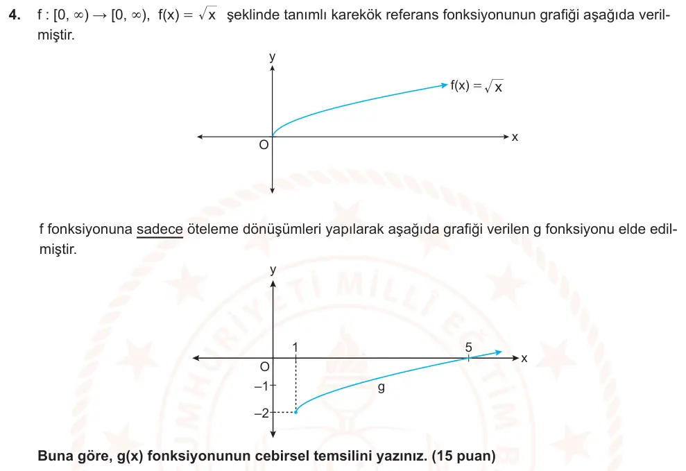 10. Sınıf Matematik 2025-2026 2. Dönem 1. Yazılı Ortak Sınav 4. Soru (Öğle Oturumu, Mazeret Sınavı) görseli