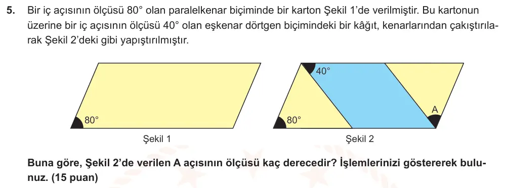 6. Sınıf Matematik 2025-2026 2. Dönem 1. Yazılı Ortak Sınav 5. Soru (Öğle Oturumu, Mazeret Sınavı) görseli