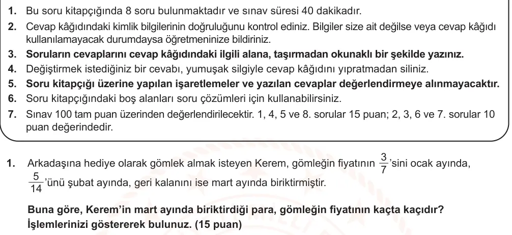 6. Sınıf Matematik 2025-2026 2. Dönem 1. Yazılı Ortak Sınav 1. Soru (Sabah Oturumu, Mazeret Sınavı) görseli