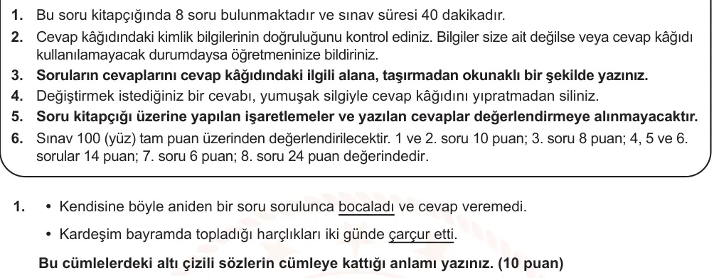 6. Sınıf Türkçe 2025-2026 2. Dönem 1. Yazılı Ortak Sınav 1. Soru (Öğle Oturumu, Mazeret Sınavı) görseli