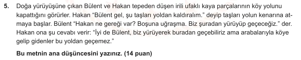 6. Sınıf Türkçe 2025-2026 2. Dönem 1. Yazılı Ortak Sınav 5. Soru (Öğle Oturumu, Mazeret Sınavı) görseli