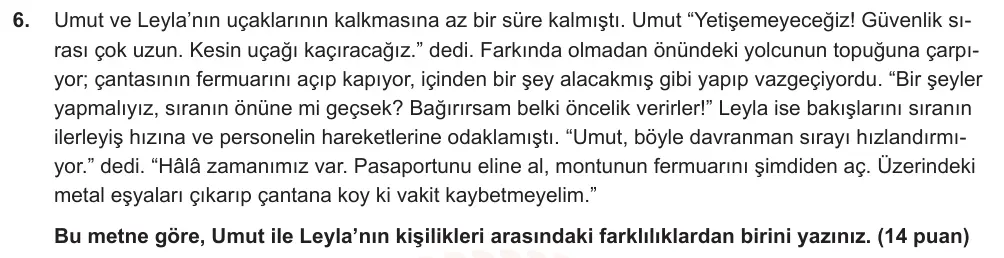 6. Sınıf Türkçe 2025-2026 2. Dönem 1. Yazılı Ortak Sınav 6. Soru (Öğle Oturumu, Mazeret Sınavı) görseli