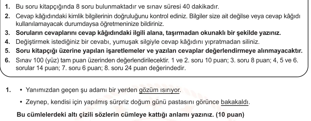 6. Sınıf Türkçe 2025-2026 2. Dönem 1. Yazılı Ortak Sınav 1. Soru (Öğle Oturumu) görseli