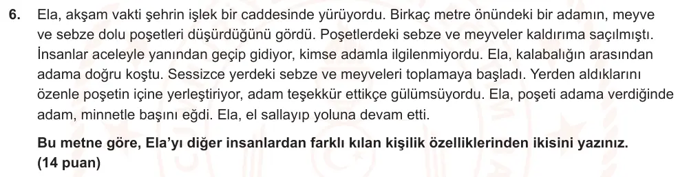 6. Sınıf Türkçe 2025-2026 2. Dönem 1. Yazılı Ortak Sınav 6. Soru (Öğle Oturumu) görseli