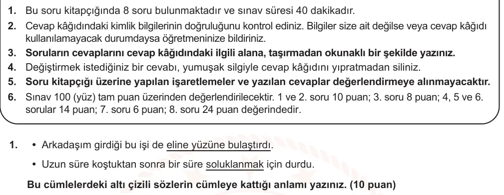 6. Sınıf Türkçe 2025-2026 2. Dönem 1. Yazılı Ortak Sınav 1. Soru (Sabah Oturumu, Mazeret Sınavı) görseli