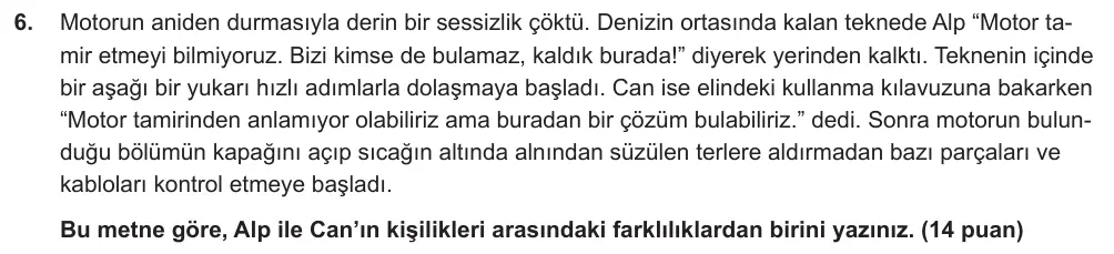 6. Sınıf Türkçe 2025-2026 2. Dönem 1. Yazılı Ortak Sınav 6. Soru (Sabah Oturumu, Mazeret Sınavı) görseli