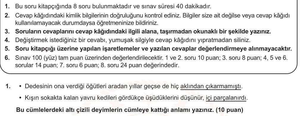 6. Sınıf Türkçe 2025-2026 2. Dönem 1. Yazılı Ortak Sınav 1. Soru (Sabah Oturumu) görseli
