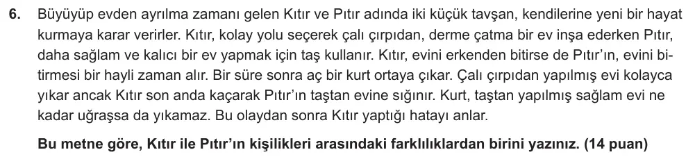 6. Sınıf Türkçe 2025-2026 2. Dönem 1. Yazılı Ortak Sınav 6. Soru (Sabah Oturumu) görseli
