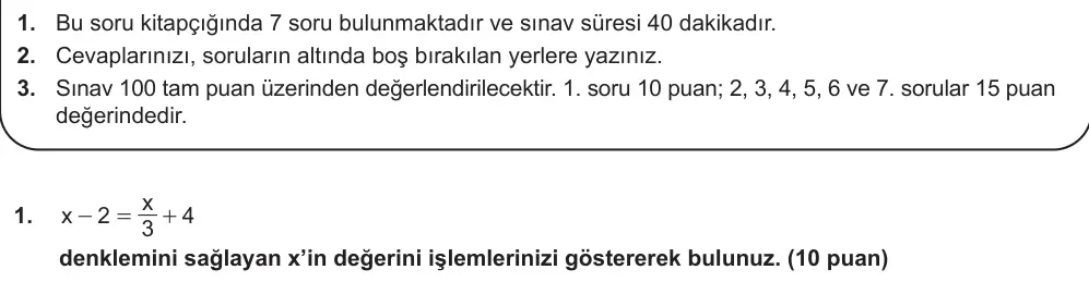 8. Sınıf Matematik 2025-2026 2. Dönem 1. Yazılı Ortak Sınav 1. Soru (Öğle Oturumu, Mazeret Sınavı) görseli