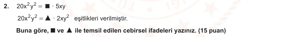 8. Sınıf Matematik 2025-2026 2. Dönem 1. Yazılı Ortak Sınav 2. Soru (Öğle Oturumu, Mazeret Sınavı) görseli