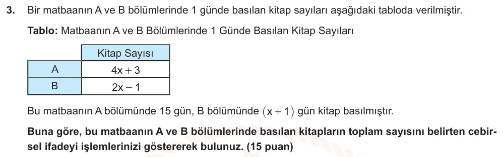 8. Sınıf Matematik 2025-2026 2. Dönem 1. Yazılı Ortak Sınav 3. Soru (Öğle Oturumu, Mazeret Sınavı) görseli