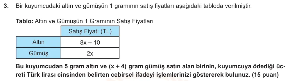 8. Sınıf Matematik 2025-2026 2. Dönem 1. Yazılı Ortak Sınav 3. Soru (Öğle Oturumu) görseli