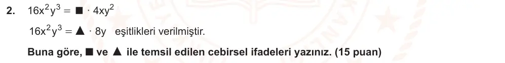 8. Sınıf Matematik 2025-2026 2. Dönem 1. Yazılı Ortak Sınav 2. Soru (Sabah Oturumu, Mazeret Sınavı) görseli