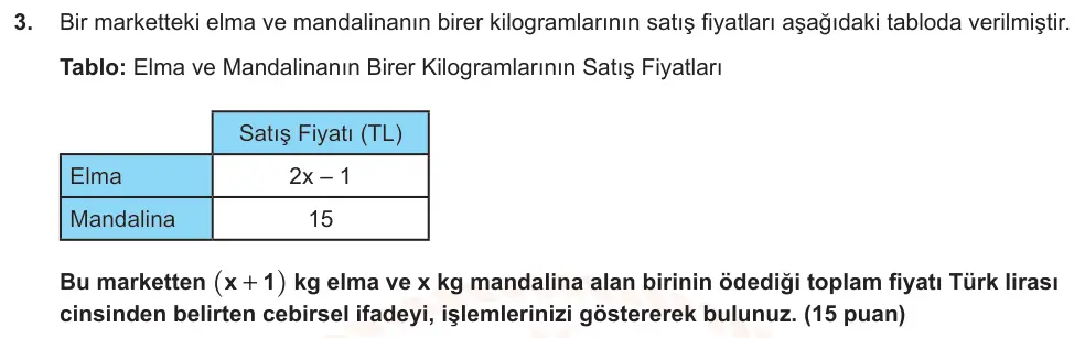 8. Sınıf Matematik 2025-2026 2. Dönem 1. Yazılı Ortak Sınav 3. Soru (Sabah Oturumu, Mazeret Sınavı) görseli