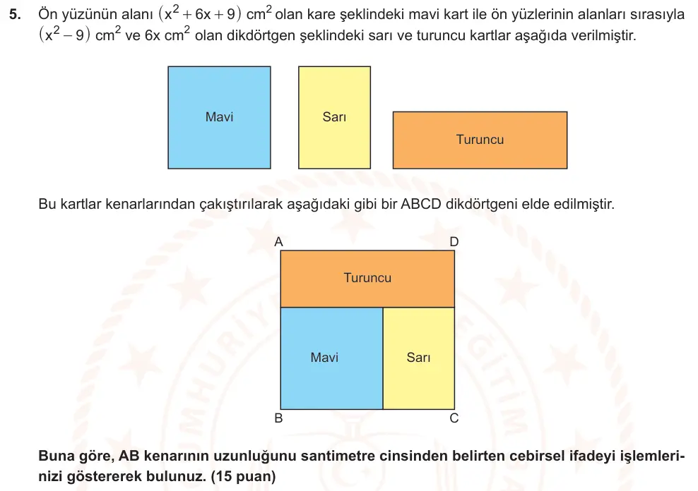 8. Sınıf Matematik 2025-2026 2. Dönem 1. Yazılı Ortak Sınav 5. Soru (Sabah Oturumu, Mazeret Sınavı) görseli