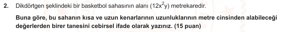 8. Sınıf Matematik 2025-2026 2. Dönem 1. Yazılı Ortak Sınav 2. Soru (Sabah Oturumu) görseli